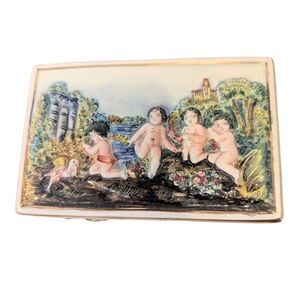 ANTIQUE ARDALT CAPODIMONTE CHERUBS SCENIC ITALIAN PORCELAIN BOX